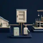 Illustration of a switchboard splitting into a house and a construction site, representing the two sides of an electrical business