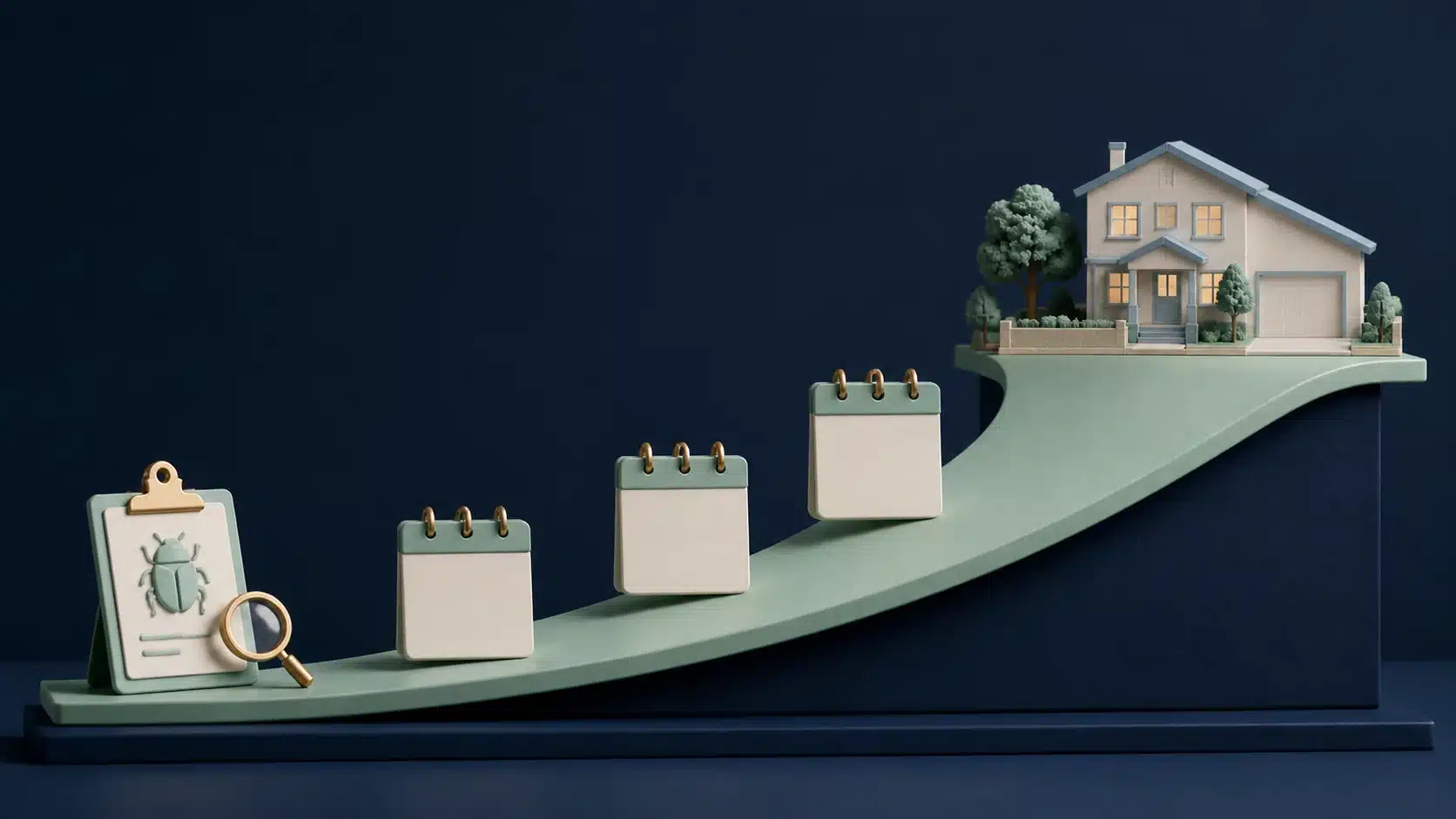 Illustration of a seasonal demand curve rising over a house with a calendar, representing pest control seasonality