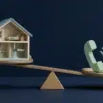 Illustration of a house with a burst pipe weighed against a ringing phone, representing plumbing lead capture