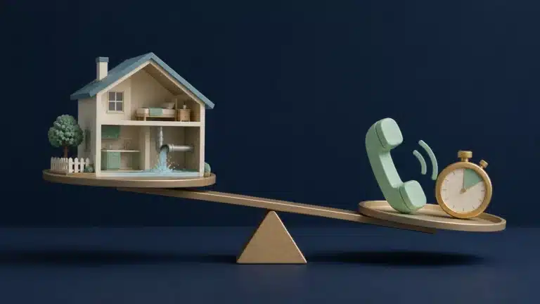Illustration of a house with a burst pipe weighed against a ringing phone, representing plumbing lead capture