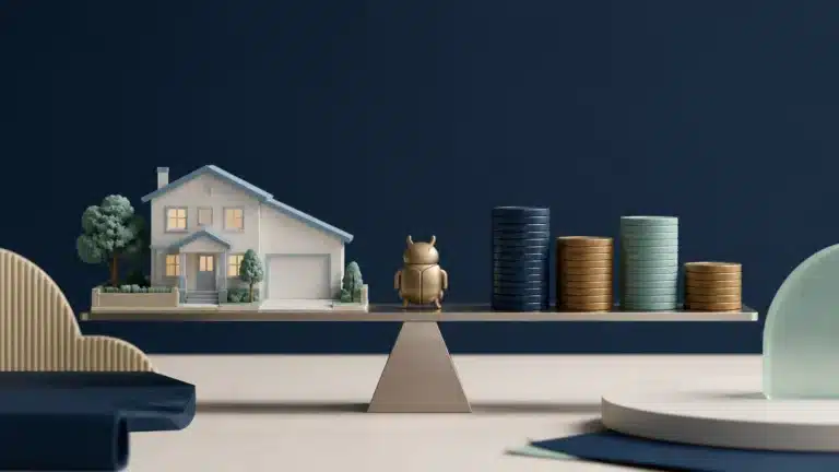 Pest control advertising budget represented by a house, beetle token and balanced coin stacks
