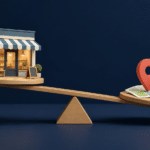 Illustration of a small shopfront balanced on a seesaw against a map pin, phone and magnifying glass, weighing up local SEO