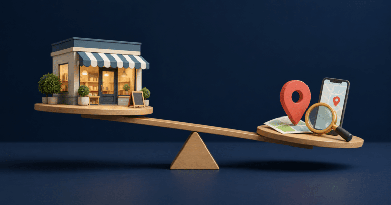 Illustration of a small shopfront balanced on a seesaw against a map pin, phone and magnifying glass, weighing up local SEO