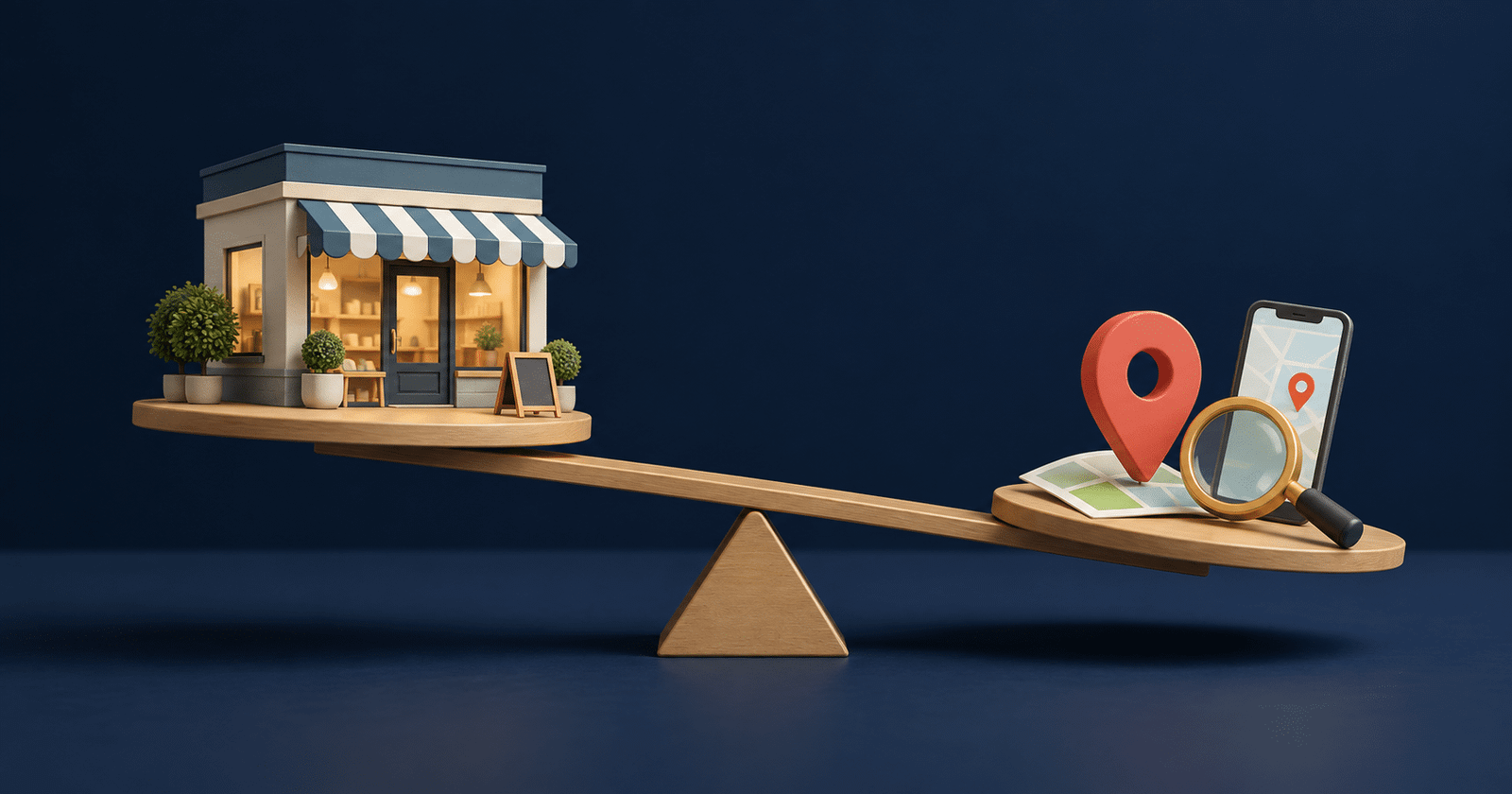 Illustration of a small shopfront balanced on a seesaw against a map pin, phone and magnifying glass, weighing up local SEO