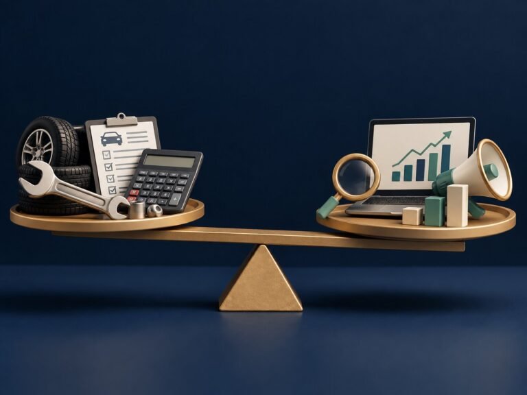 Illustration of mechanic tools, a service checklist and a calculator balanced against marketing icons, representing a workshop marketing budget