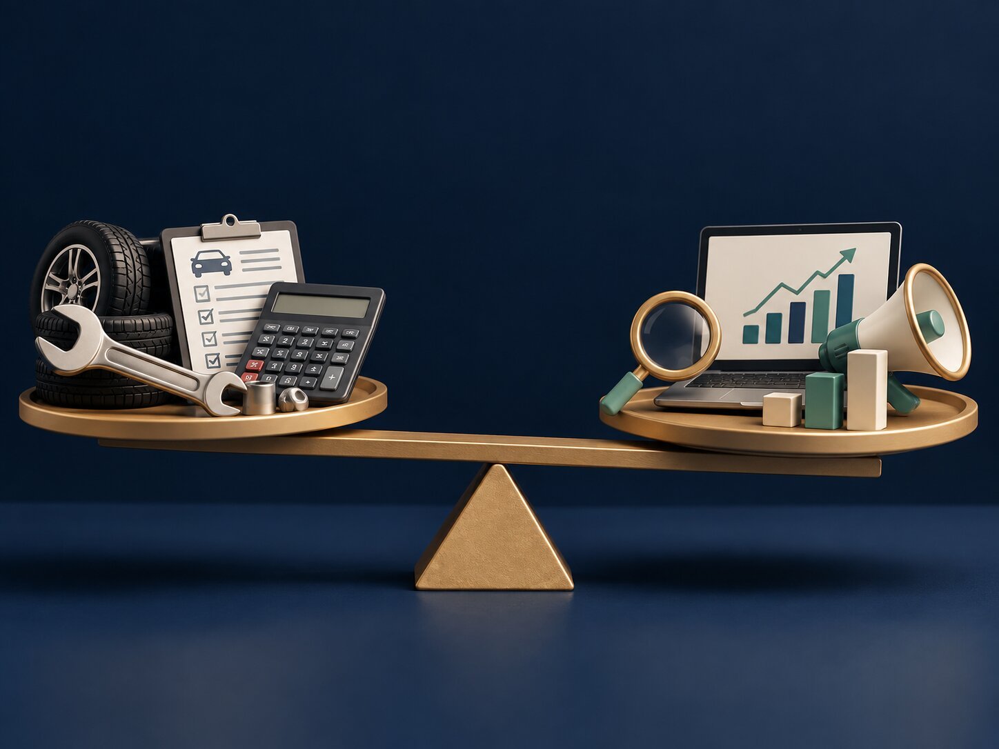 Illustration of mechanic tools, a service checklist and a calculator balanced against marketing icons, representing a workshop marketing budget