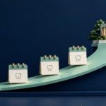 Illustration of a dental patient journey from a treatment plan clipboard through booking calendars to a dental clinic