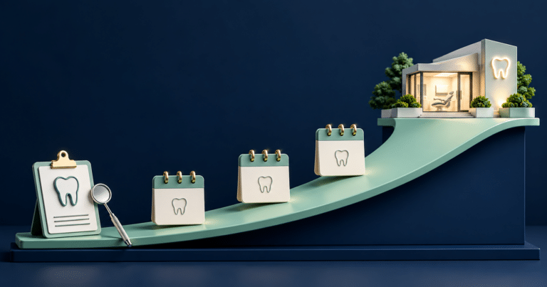 Illustration of a dental patient journey from a treatment plan clipboard through booking calendars to a dental clinic