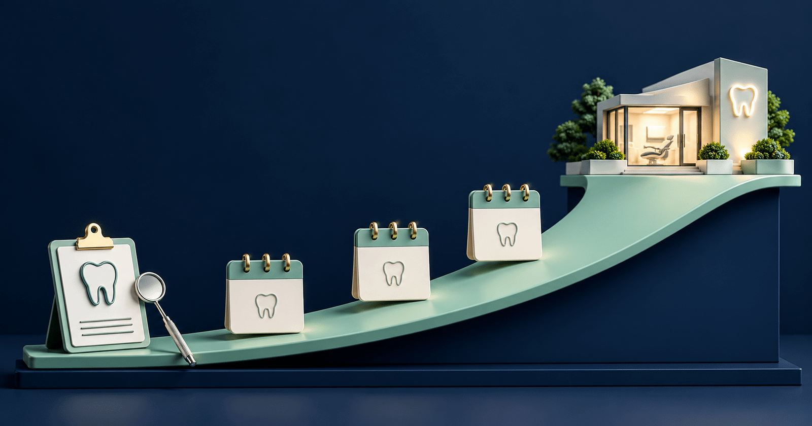 Illustration of a dental patient journey from a treatment plan clipboard through booking calendars to a dental clinic